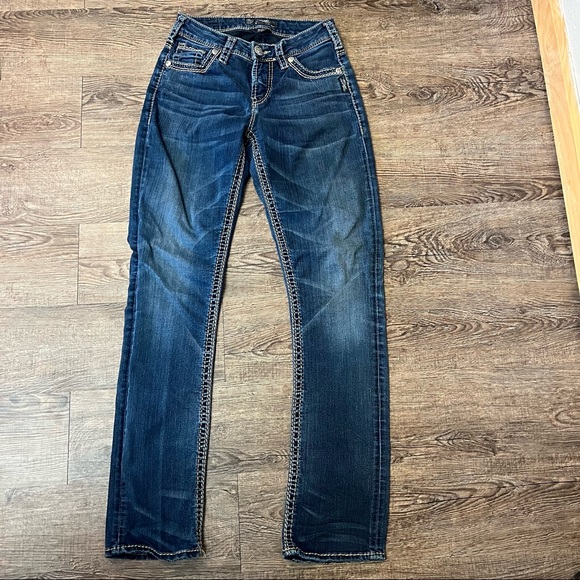 Silver Suki High Straight Dark Wash Denim Embellished Stitched Jeans 26 - Picture 1 of 7